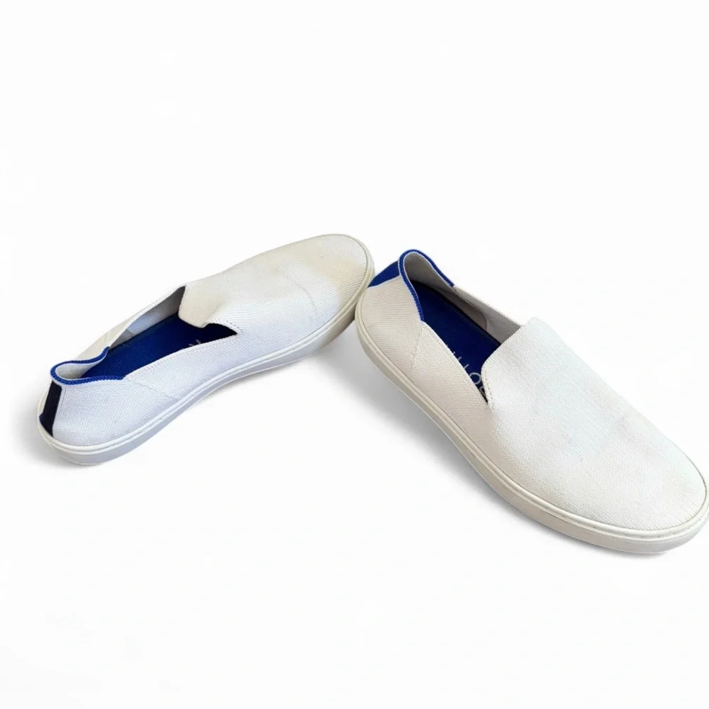 Rothy’s The Original Slip On Sneaker W8 Bright White Blue Stripe Comfort Shoes